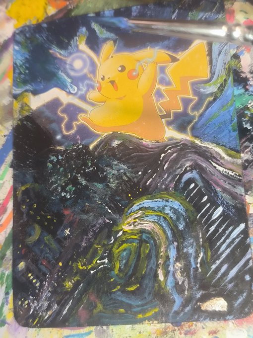 A painted artwork featuring Pikachu appearing to float or fly above a swirling dark, starry landscape reminiscent of Van Gogh's Starry Night style, with lightning bolts around the character.