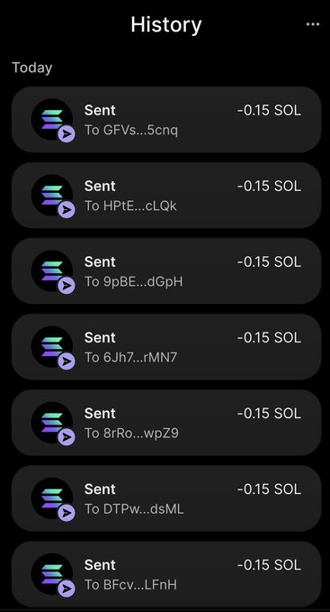 A screenshot of a crypto transaction history showing seven successful "Sent" transactions of -0.15 SOL each to various wallet addresses (GFVs...5cnq, HPtE...cLQk, 9pBE...dGpH, 6Jh7...rMN7, 8rRo...wpZ9, DTPw...dsML, and BFcv...LFhH), visually confirming the "WINNERS GOT PAID" claim from the post.