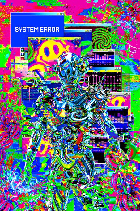 A vibrant, psychedelic digital artwork featuring a chrome, futuristic humanoid figure surrounded by glitching retro computer windows displaying text like 'SYSTEM ERROR' and 'RUNTIME FATALITY'.