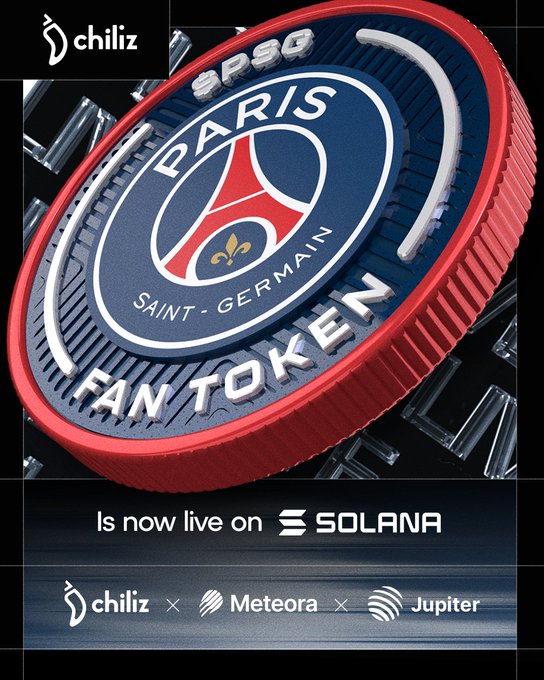 The image features a coin with the words "Paris Saint-Germain Fan Token" written on it, which is now live on @Solana via @sunrisedefi. The PSG/USDC and PSG/SOL pools are available for purchase at this token. The post also mentions that the PSG/USDC and PSG/SOL pools are listed on @MeteoraAG.