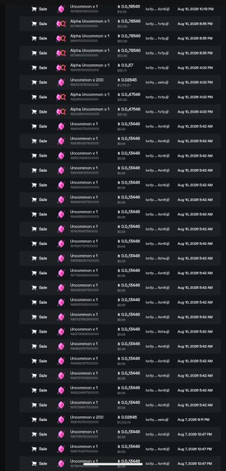 A long mobile app transaction history showing multiple 'Sale' entries for 'Uncommon x 1' items priced around 0.05446 ETH (~$88), with various buyer and seller addresses and timestamps.
