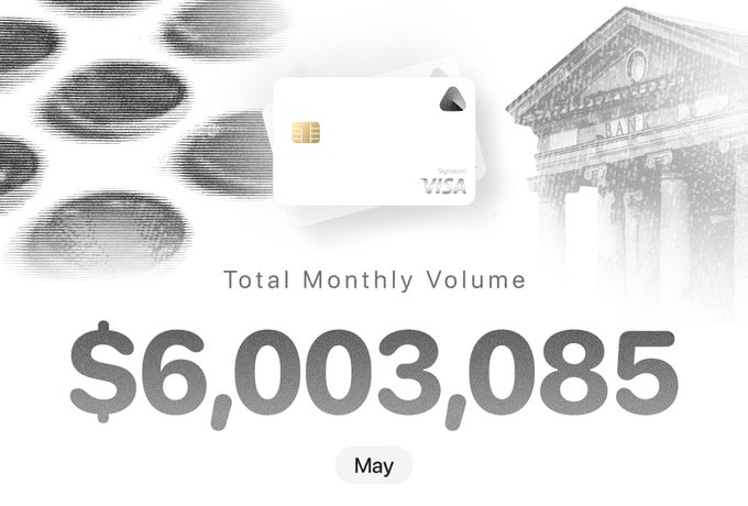 The image shows a poster advertising a $6,000 Visa card with a maximum daily spending limit of $3,750 and an annual spending cap of $6,750. The text states that the total spending volume for May was $6,009,055, which is the highest it has been in over two years. The image also features a graphic design with coins representing Bitcoin.
