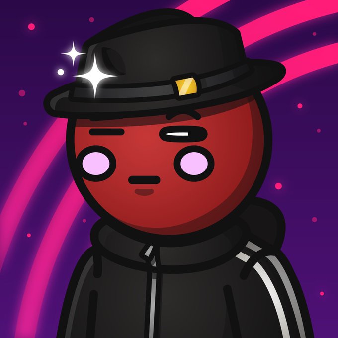 A cartoon red character wearing a black fedora and black jacket winks against a vibrant purple and pink background with sparkling effects. The stylish, confident pose complements the cheerful "GM, Have a great day!" greeting, embodying a cool and upbeat morning vibe.