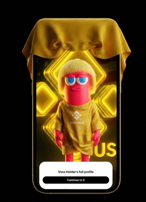 A promotional graphic displays a phone screen with a pink character wearing a Binance-branded shirt and golden cloak, with a 'View Holder's full profile' and 'Continue to X' button.