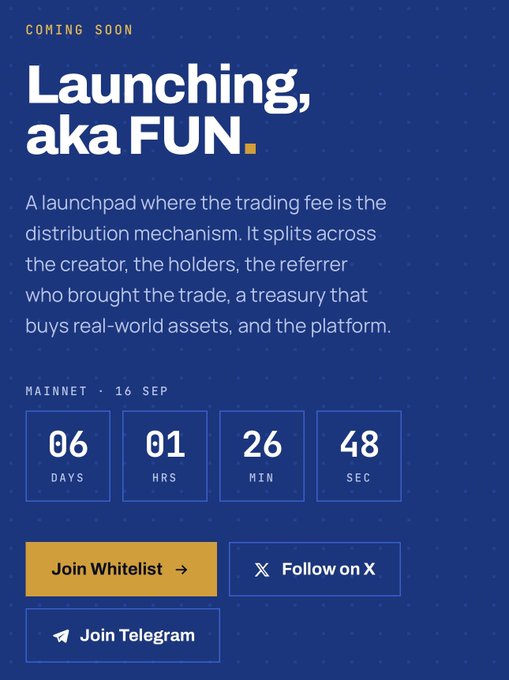 A dark blue promotional graphic announces "COMING SOON — Launching, aka FUN." with a description of a launchpad where trading fees are distributed to creators, holders, referrers, a treasury, and the platform. A countdown timer shows "06 DAYS, 01 HRS, 26 MIN, 48 SEC" until the mainnet launch on September 16, with buttons to "Join Whitelist," "Follow on X," and "Join Telegram."

The image directly ties to the post by visually confirming the "6 days until mainnet" countdown mentioned, while promoting the @akadotfun NFT mint and whitelist opportunity the user referenced as a "solid cook."