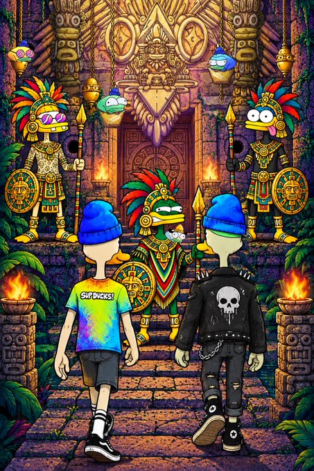 A colorful digital illustration of cartoon characters in an Aztec/Mayan temple setting, with figures wearing blue beanies and Aztec warrior attire.