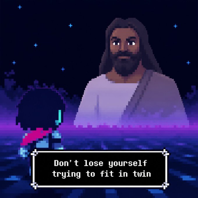 A pixel art scene shows a small character with a red cape facing a large bearded figure in a purple robe under a starry night sky, with a dialogue box reading "Don't lose yourself trying to fit in twin."