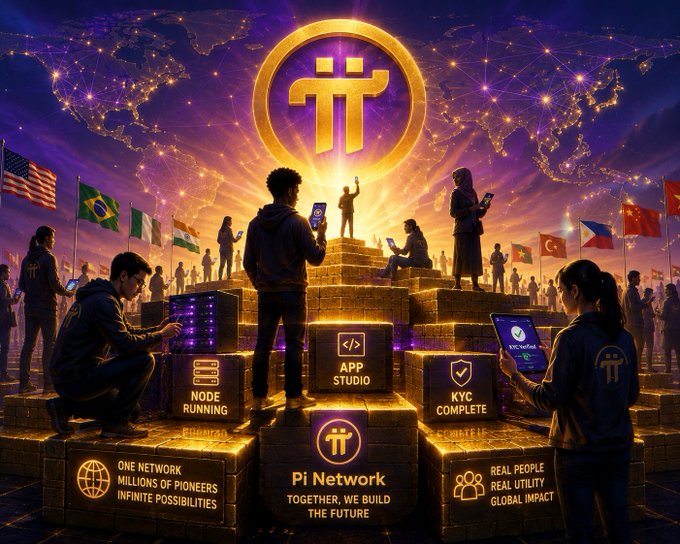 A promotional graphic for Pi Network shows people climbing golden blocks against a world map backdrop, with the text 'Pi Network TOGETHER, WE BUILD THE FUTURE' alongside labels like 'APP STUDIO', 'KYC COMPLETE', and 'NODE RUNNING'.