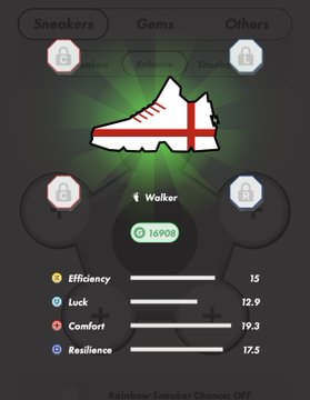 A STEPN sneaker NFT interface displays an England flag-themed sneaker as a "Walker" priced at 1090 GMT, with stats showing Efficiency 15, Luck 12.9, Comfort 19.3, and Resilience 17.5. The image aligns with the post's excitement about collecting sneakers from GGBox's bunny runner event and enhancing them into an England soccer shoe, while noting the convenience of using stepn-market.guide with email alerts for cheap listings with Rainbow Sneaker Chance set to OFF.
