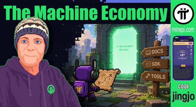 A thumbnail featuring a man in a beanie titled "The Machine Economy" alongside a pixel-art scene of a robot holding a map near a glowing "// Developer Access" doorway, referencing Pi, CIDI Games, OpenMind, Stripe, Tempo, and MPP. A side panel promotes minepi.com with a "CODE jingjo" discount offer, matching the post's tease of the upcoming Machine Economy video.