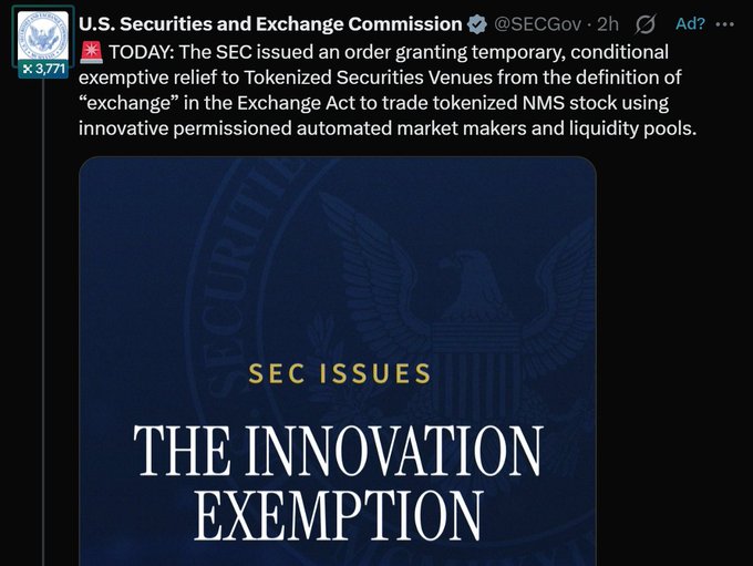 X (Twitter) post from the official U.S. Securities and Exchange Commission (@SECGov) announcing 'THE INNOVATION EXEMPTION,' granting temporary relief for Tokenized Securities Venues to trade tokenized NMS stock.