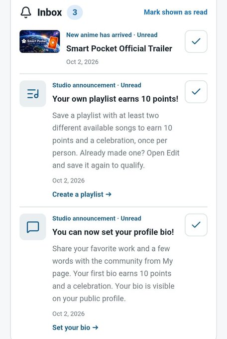 A mobile app inbox screen shows three notifications from 'Smart Pocket': a new anime trailer, a studio announcement about earning 10 points for saving a playlist with at least two songs, and an announcement about setting a profile bio.