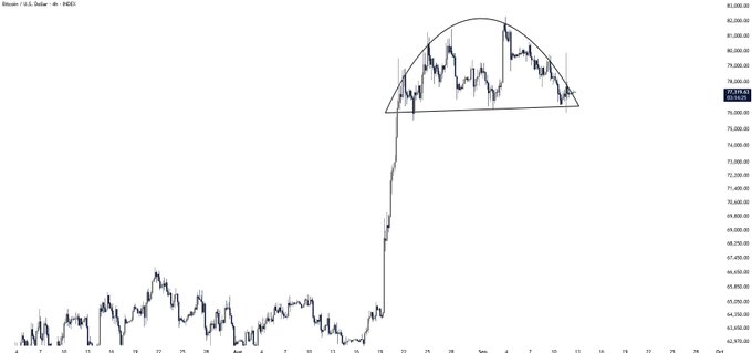 A Bitcoin/U.S. Dollar (BTC/USD) price chart showing a sharp rally followed by consolidation in a rounded, dome-like pattern between approximately $77,000 and $82,000.