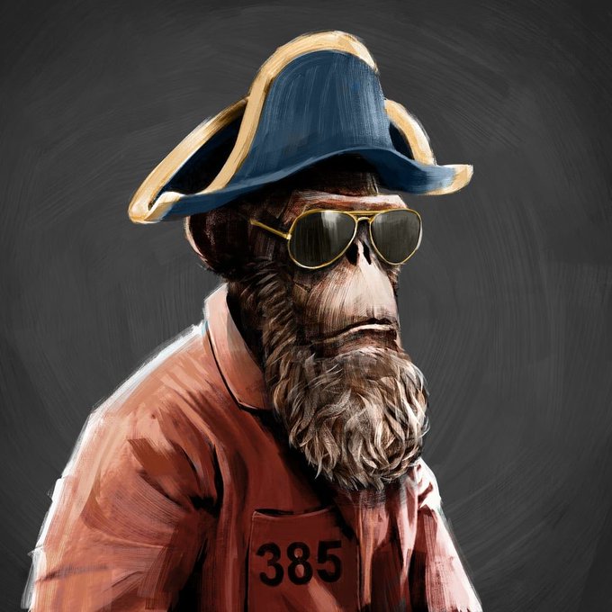 A digital painting of a bearded figure wearing a blue bicorne hat with gold trim, aviator sunglasses, and an orange prison-style shirt with the number "385" visible on the chest.