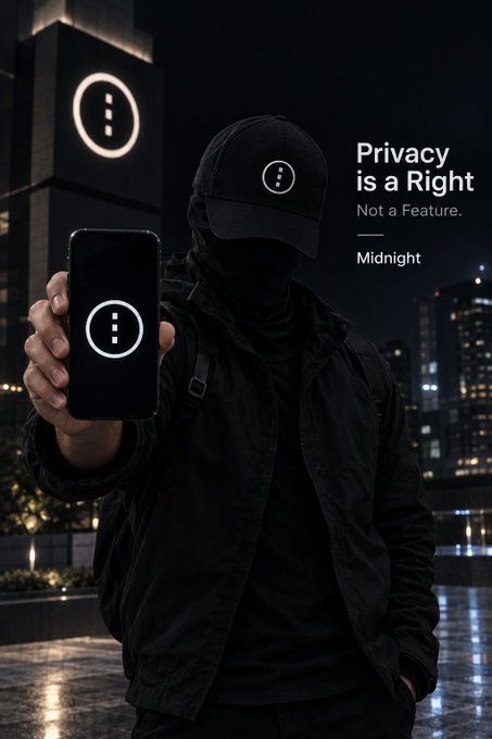 A promotional image features a masked figure in black holding a smartphone displaying a circle with an exclamation mark, with text reading 'Privacy is a Right, Not a Feature. Midnight' against a nighttime cityscape.
