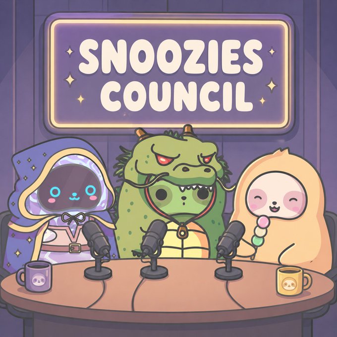 A cartoon illustration showing a wizard, a dragon-like creature, and a sloth sitting at a podcast table with microphones beneath a sign reading "SNOOZIES COUNCIL." The scene matches the post's announcement of the Snoozies Council podcast returning on Wednesday at 5 PM UTC, depicting its three hosts ready to discuss happenings in the "Snoozieverse."

Note: The sign in the image reads "COUNCIL" (missing one "L" compared to the standard spelling "Council"), which differs from the post's spelling.