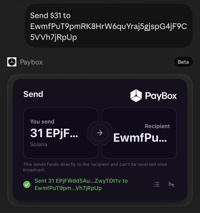 The image shows a "Paybox" (Beta) interface confirming a successful transaction of $31 (31 EPJF...) sent on the Solana network to the wallet address starting "EwmfPuT9pmRK8HrW6quYraj5gjspG4jF9C5VVh7jRpUp," with a green checkmark and the message "Sent 31 EPjFWdd5Au...ZwyTDt1v to EwmfPuT9pm...Vh7jRpUp." This visually verifies the post's claim of sending $31 for 31 followers via the PayBox app.