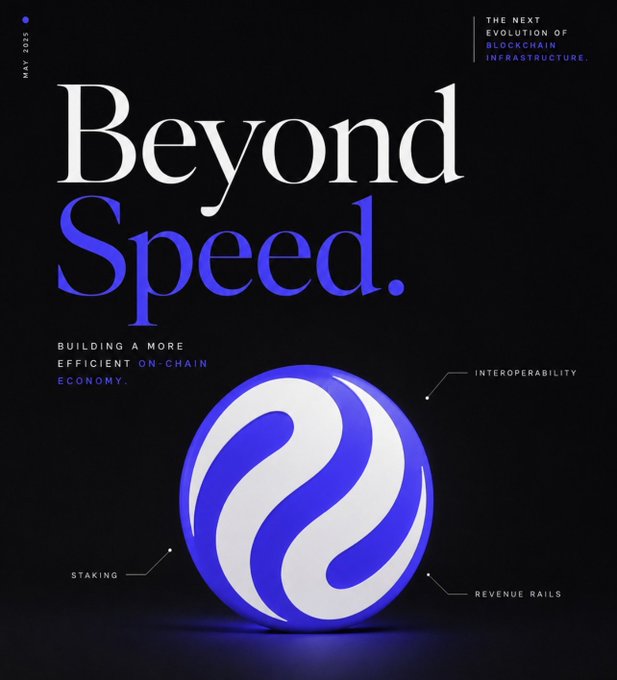 A poster featuring the text 'Beyond Speed' and 'THE NEXT EVOLUTION OF BLOCKCHAIN INFRASTRUCTURE' promoting an on-chain economy with features labeled Staking, Interoperability, and Revenue Rails around a blue and white circular logo.