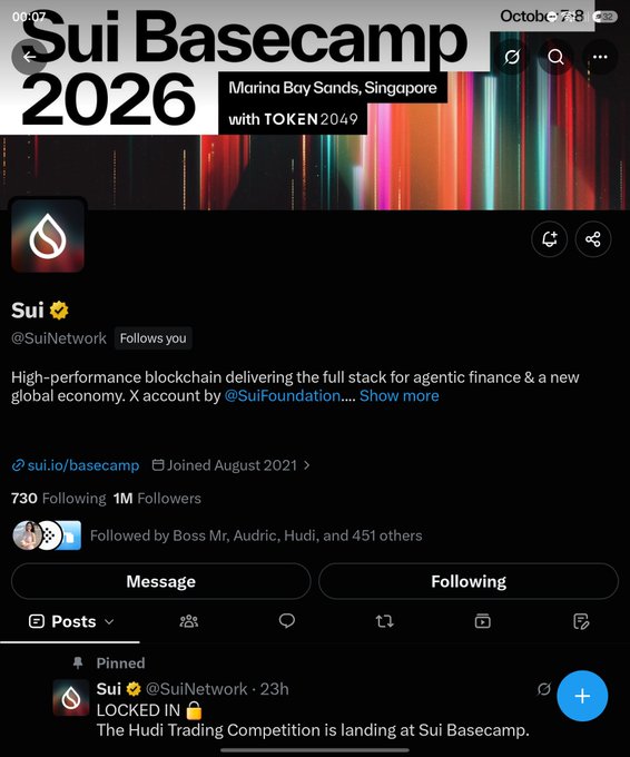 An X (Twitter) profile page for 'Sui' (@SuiNetwork) displaying 'Sui Basecamp 2026' at Marina Bay Sands, Singapore with TOKEN2049, and a pinned post about the Hudi Trading Competition.
