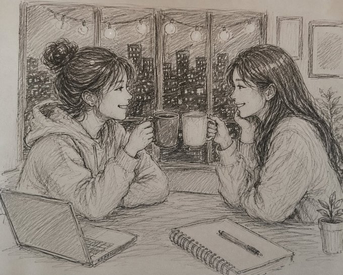 Two friends clink coffee mugs by a string-lit window with a city skyline at night, sharing a warm moment that mirrors the post's toast to a patient crypto mentor who valued learning over hype.
