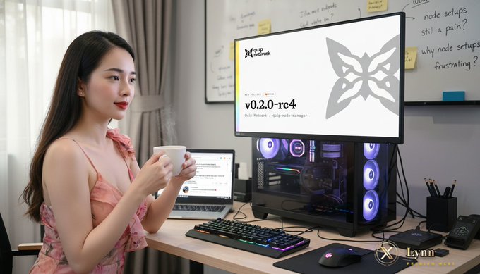 The image shows a woman sitting at a desk with a laptop computer and a monitor displaying a butterfly graphic. She is holding a cup of coffee while working or browsing the internet. The scene suggests that she might be engaged in some work, research, or leisure activity on her computer.