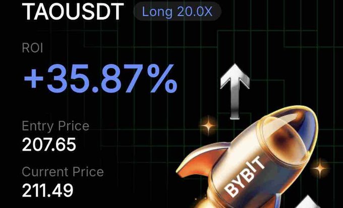 In the image, there's a rocket ship hovering in the air above a black background. Below the rocket, there's text explaining that it's a trading robot for TaoUSDt long 20% transactions, but there are no numbers or calculations present. The surrounding areas are white, suggesting that they may be part of an art project or advertisement rather than actual data or information about the robot.