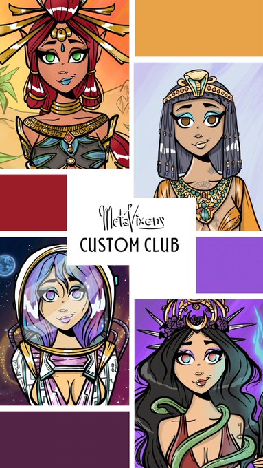 A promotional graphic titled 'MetaViews CUSTOM CLUB' displays four stylized cartoon female characters with elaborate costumes and headpieces, set against a background of orange, red, purple, and blue color blocks.