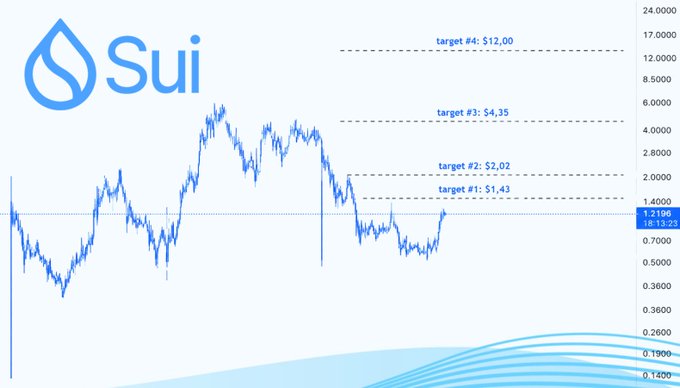 A financial chart displays the price trend of the cryptocurrency 'Sui' with price targets marked at $1.43, $2.02, $4.35, and $12.00, showing a current value highlighted around 1.2196 at the time of 18:13:23.