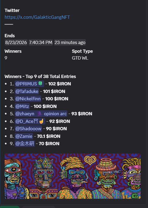 A summary of a Twitter giveaway from @GalakticGangNFT on Iron Allies, showing 9 winners who received between 70 and 102 $IRON out of 38 total entries, illustrating the strong performance of GalakticGang auctions mentioned in the post.