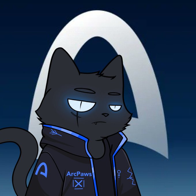 A digital illustration of a dark cartoon cat character with glowing blue eyes wearing a black hoodie with blue accents, signed 'ArcPaws'.