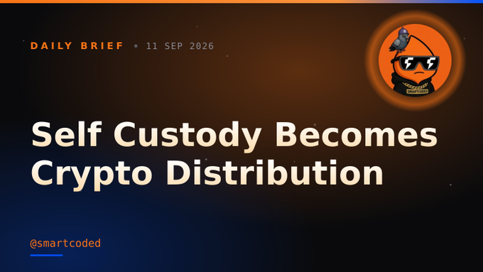 A daily brief news graphic dated '11 SEP 2026' with the headline 'Self Custody Becomes Crypto Distribution' by @smartcoded, featuring an orange ninja-style logo.