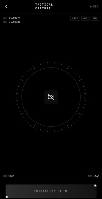 A dark app interface labeled 'TACTICAL CAPTURE' displays coordinates LAT 34.08374 and LNG 74.508181, along with 'PRIV', 'GPS', 'IMU', 'HDG 103°', 'ACC -16M', and an 'INITIALIZE FEED' button.