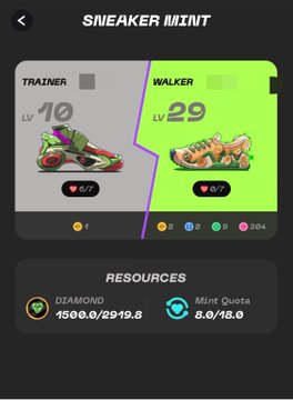 A mobile game screen titled 'SNEAKER MINT' showing a 'TRAINER' (Lv. 10) and 'WALKER' (Lv. 29) sneaker NFT with resources including 1500.0/2919.8 diamonds and an 8.0/18.0 mint quota.