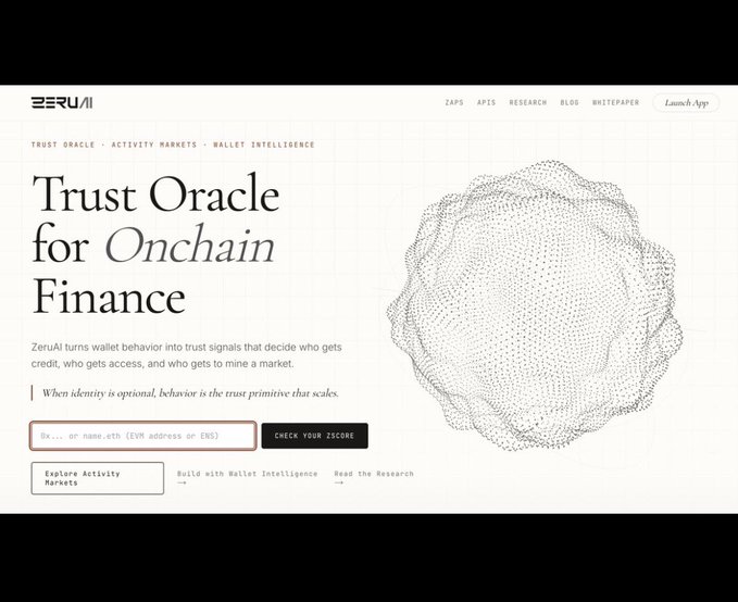 A screenshot of the ZeruAI website homepage featuring 'Trust Oracle for Onchain Finance' with a 3D wireframe skull graphic and a search field for '0x... or name.eth' to evaluate wallet trust scores.