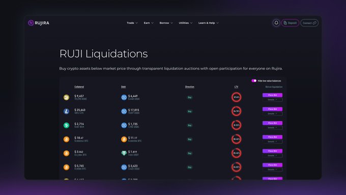 A website screenshot displays 'RUJI Liquidations' on a dark purple background, listing various cryptocurrencies with their collateral, debt, duration, and LTV metrics, alongside 'Bid on liquidation' options.