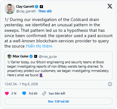 A Twitter/X screenshot showing a quote tweet by Clay Garrett (@clay_garrett) discussing the Coincard drain investigation, referencing a tweet from Max Guise (@max_guise) about non-Bitkey wallets being drained.