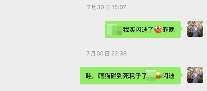 A WeChat conversation dated 7月30日 (July 30) in Chinese, where one person announces buying '闪迪' (SanDisk) and later shares that a hamster died, resulting in '死耗子' and '闪迪' (a pun on flash drive/lightning).