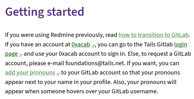 The image shows a "Getting started" guide for Tails' GitLab, instructing users to use their Oxacab account to sign in or request an account via email, with instructions for adding pronouns to profiles. The accompanying post criticizes "woke madness" in tech projects like Tails, though the image simply depicts standard onboarding documentation for a GitLab platform.