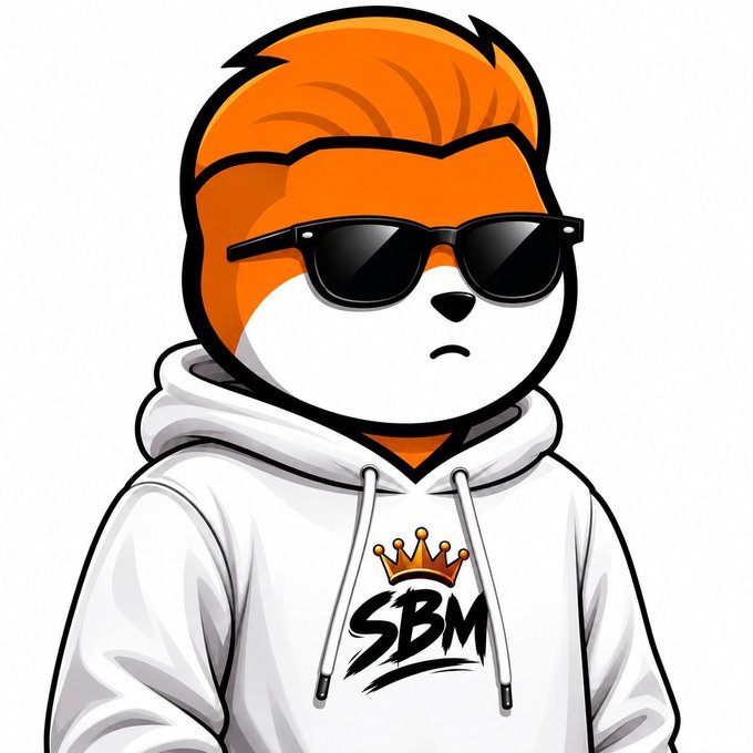 A cartoon mascot character with an orange fox-like head wearing black sunglasses and a white hoodie featuring an 'SBM' logo with a crown.