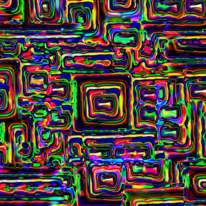 A vibrant, abstract pattern with swirling, colorful concentric square shapes in neon hues of red, green, blue, and yellow on a dark background.