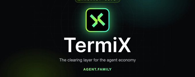 A dark graphic displays a glowing green 'X' logo inside a rounded square, with the word 'Termix' below it. Smaller text reads 'The clearing layer for the agent economy' and 'AGENT.FAMILY'.