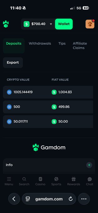 Screenshot of a Gamdom wallet showing deposits totaling $1,004.83 across three transactions (0.00114419, 0.5, and 50.011711 crypto), supporting the user's claim of growing their funds through the platform.