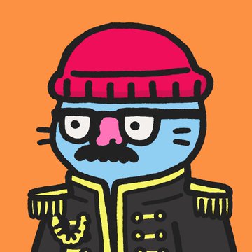 A cartoon blue cat with a mustache wearing a pink beanie and a military-style jacket with gold accents, fitting the Cool Cats NFT theme. The whimsical character illustration aligns perfectly with the post's International Cat Day celebration and #WLTC (We Love The Cats) hashtag from @coolcats.