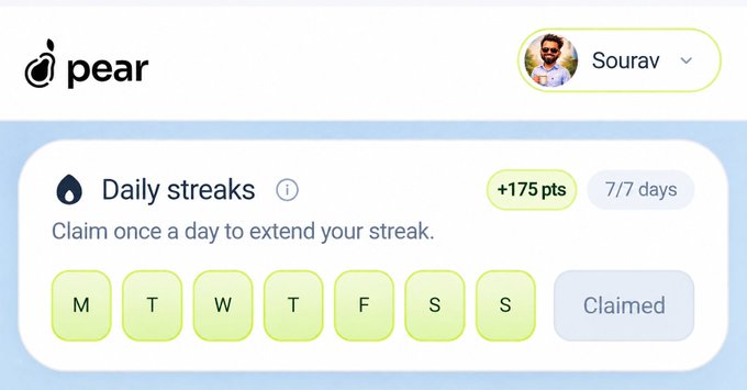 A computer screen displaying a daily reminder app named Pear with an icon of a pear, which is used for tracking daily activities or progress towards goals such as fitness routines and diet plans. The post features a screenshot of an online form that allows users to claim their daily streaks, indicating how many days they have completed a certain goal. The user's name is displayed along with the streak count.