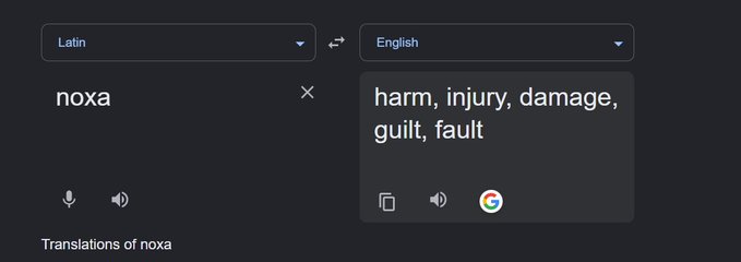 A Google Translate interface displays the Latin word "noxa" translated to English as "harm, injury, damage, guilt, fault," paired with a post warning that the cryptocurrency NOXA's core contracts are unverified, making it difficult for outside users to inspect the rules and potential risks of trusting the launchpad/pool.