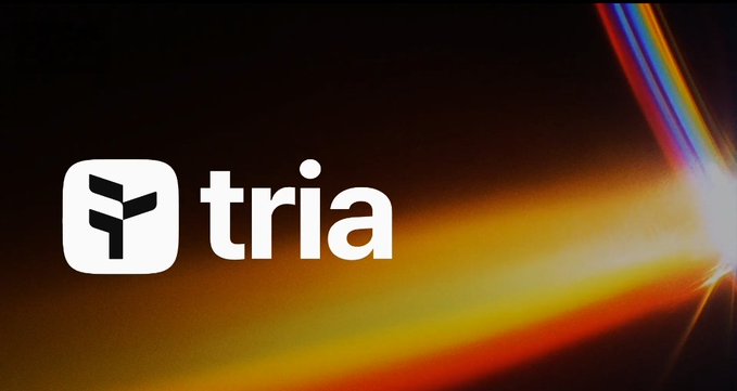 A logo for 'tria' displayed in white text alongside a stylized icon, set against a black background with a colorful light streak effect emanating from the right side.