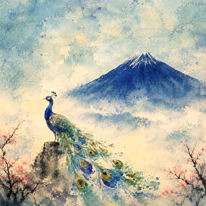 A watercolor painting of a vibrant peacock perched on a rock with its tail feathers cascading down, set against a blue Mount Fuji and blooming cherry blossoms.