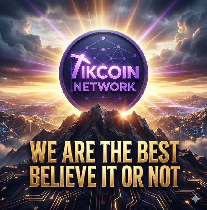 A dramatic digital illustration features the "TIKCOIN NETWORK" logo at its center, set against a glowing sunset over rugged mountain peaks with circuit-like network patterns, beneath bold gold text declaring "WE ARE THE BEST BELIEVE IT OR NOT." The image visually reinforces the post's promotional message about TikCoin/TikChain's strong foundation and protective measures against selling pressure, projecting confidence in a "new era of crypto."