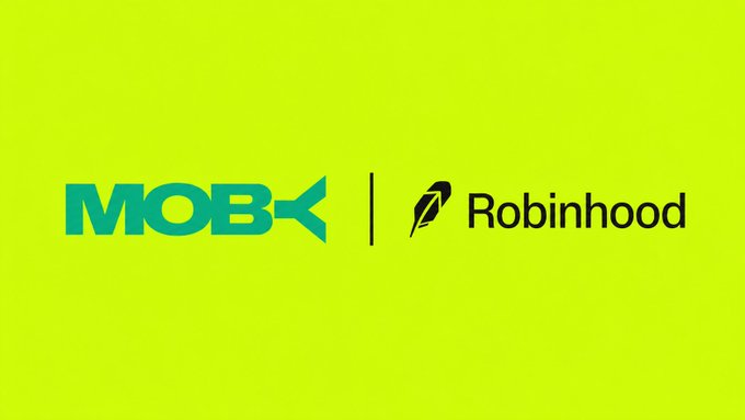 A bright lime-green promotional graphic displays the "MOBY" logo in teal alongside the black Robinhood feather logo and wordmark, separated by a vertical line, visually announcing the partnership that brings 75K+ Moby traders to Robinhood Chain for whale tracking, smart money following, and token trading rewards.