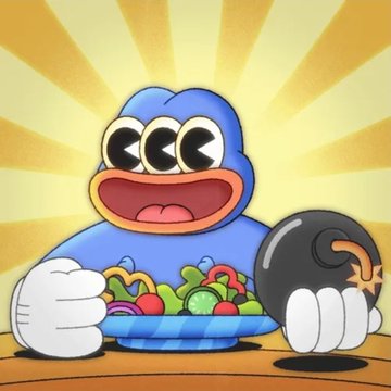 A cartoon illustration of a blue penguin-like character holding a bowl of colorful cereal balls, with a Pokeball beside it.